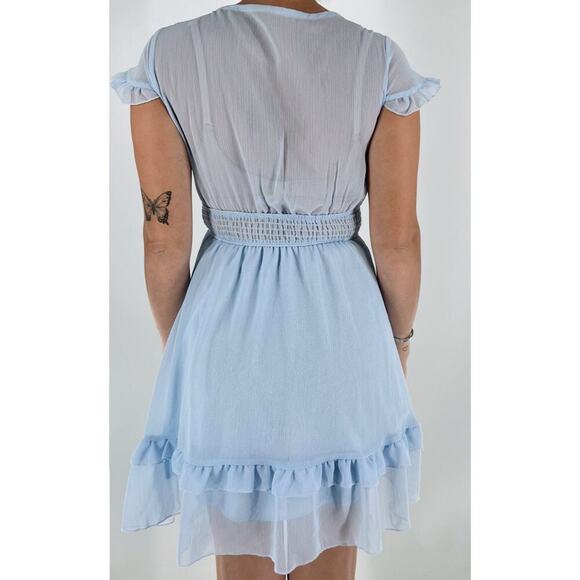 Women's V Neck Tie Front Ruffle Layer Short Sleeve Mini Dress Baby Blue Small - Picture 2 of 3